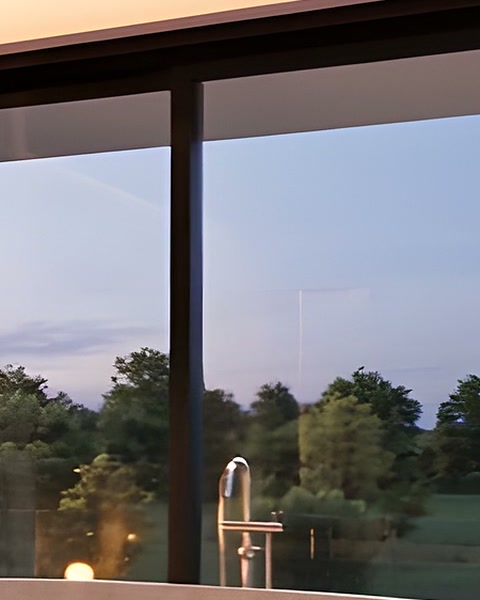 A full-height glass door framing trees and the evening sky, the tap of the bath below.
