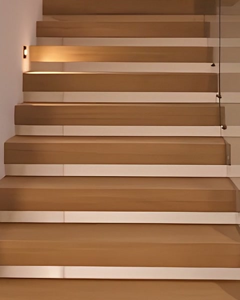 Oak stair treads, each lit from below, beside a pane of clear glass.