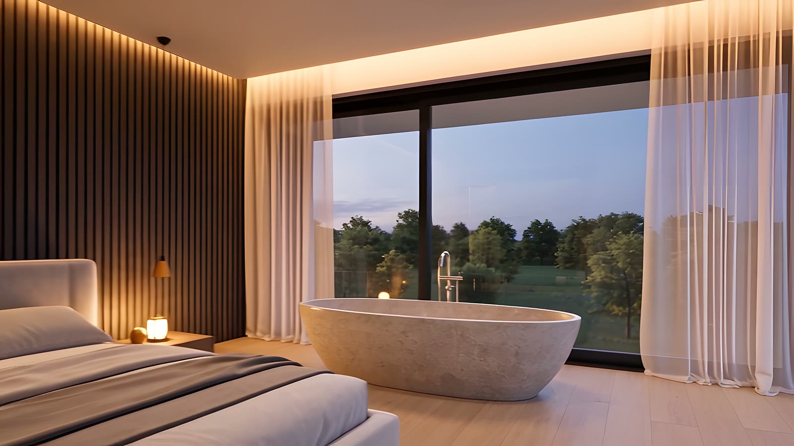 A freestanding stone bath in front of full-height glass doors and trees at dusk.