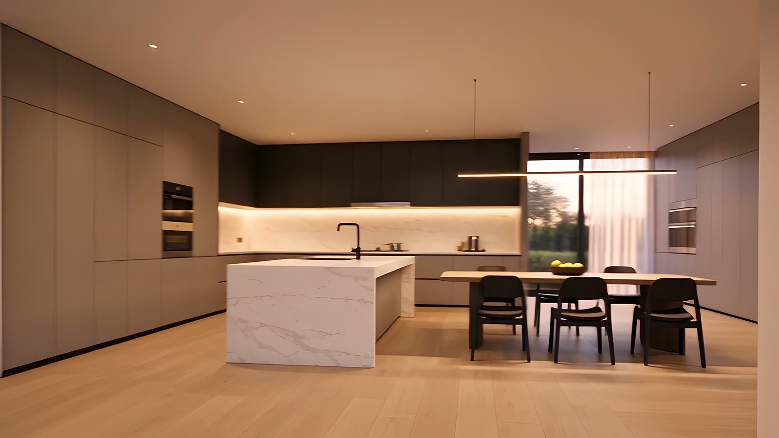 An open kitchen with a white stone island, dark cabinetry and a dining table by the glass.